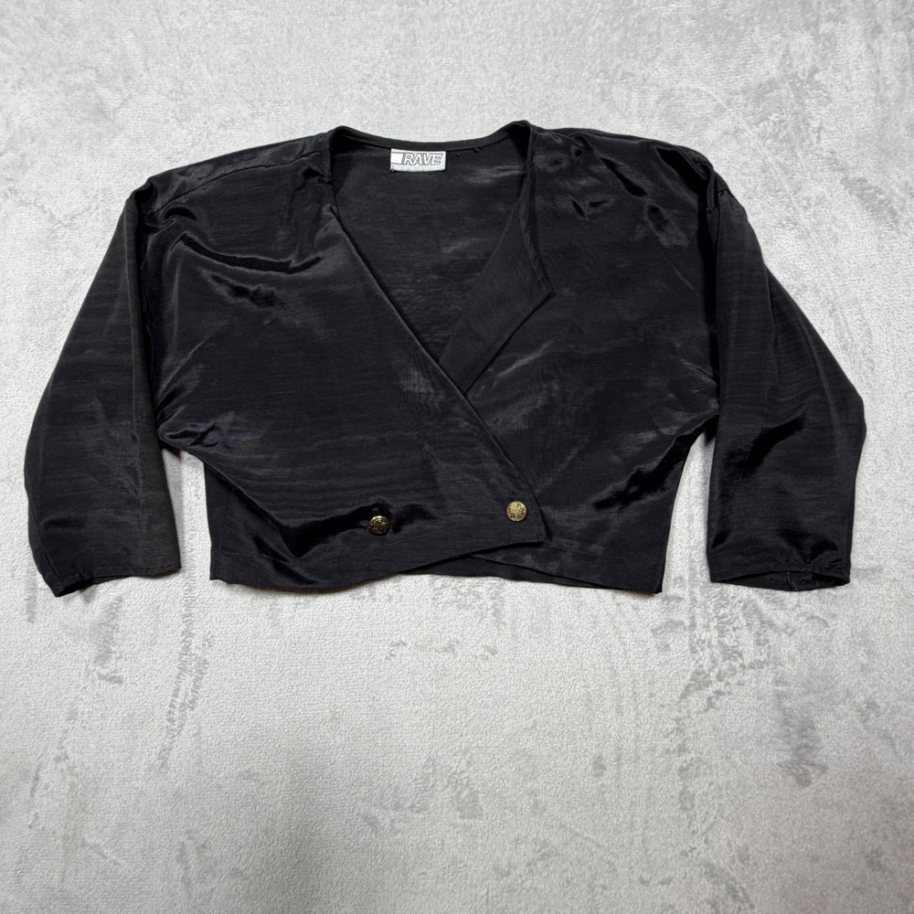 Vintage 80s Black Cropped Jacket Avant Garde Party Medium Textured Gold Buttons